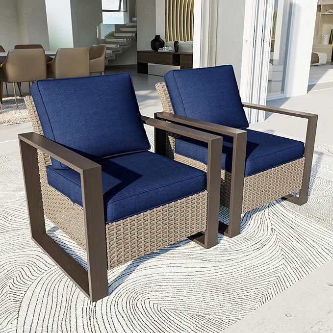 Patio Chairs Set of 2, Outdoor Wicker Chair Metal Patio Furniture with Deep Seating, Thicken Cushions for Deck, Porch, Yard Use (Blue, 2 PCS/Chairs)