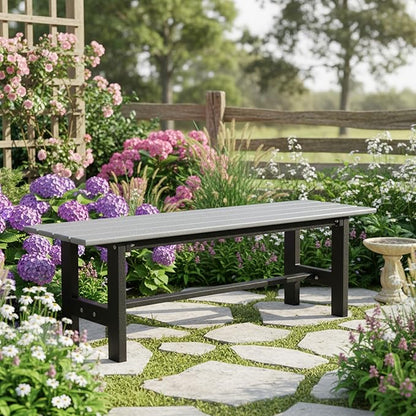 Tangkula 47 Inch HDPE Outdoor Bench Backless, Patio Garden Dining Bench with Slatted Seat & Heavy-Duty Metal Frame, 660 LBS Capacity, Weatherproof Outside Bench for Park, Yard, Entryway & Porch, Grey