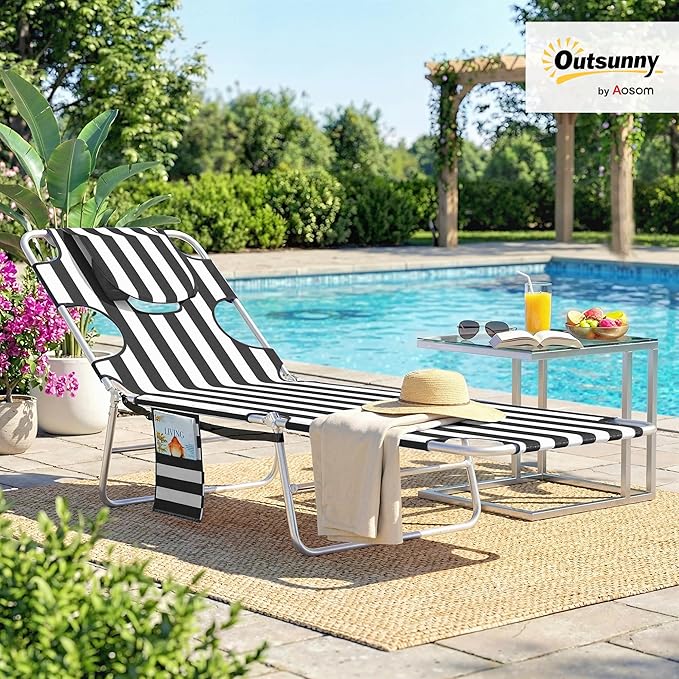 Outsunny Chaise Lounge Chair Outdoor with Face Arm Hole, 5-Position Reclining Face Down Tanning Chair with Carry Strap - Photo 2