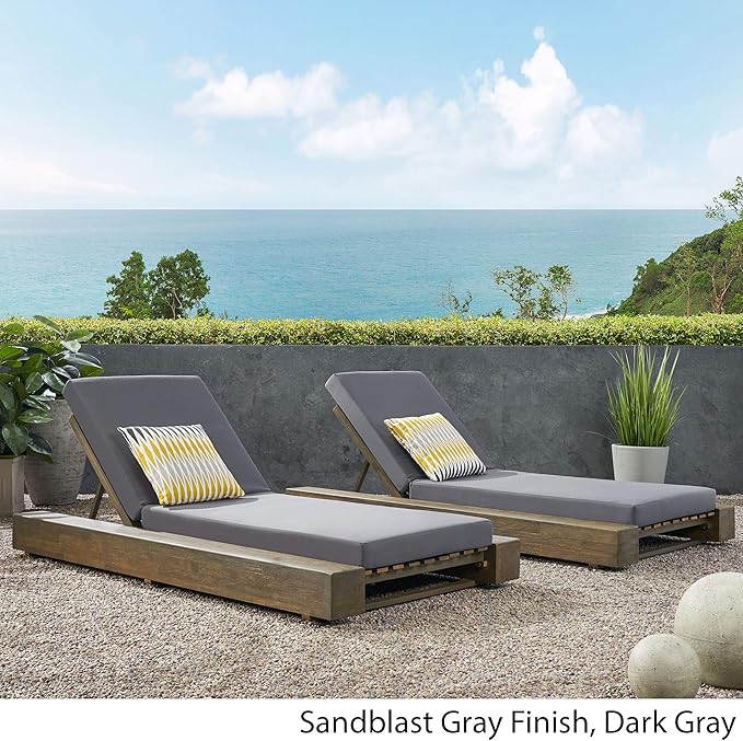 GDFStudio Outdoor Acacia Wood Chaise Lounge and Cushion Sets (Set of 2), Gray and Dark Gray