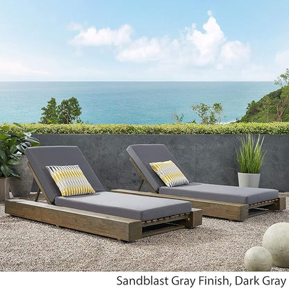 GDFStudio Outdoor Acacia Wood Chaise Lounge and Cushion Sets (Set of 2), Gray and Dark Gray