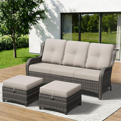 3-Piece Outdoor Couch Set, Include Wicker Patio Sofa with Thickened Olefin Cushions, High Back and Deep Seating, Hand-Woven PE Rattan and 2 Ottomans, Patio Conversation Set for Porch, Deck