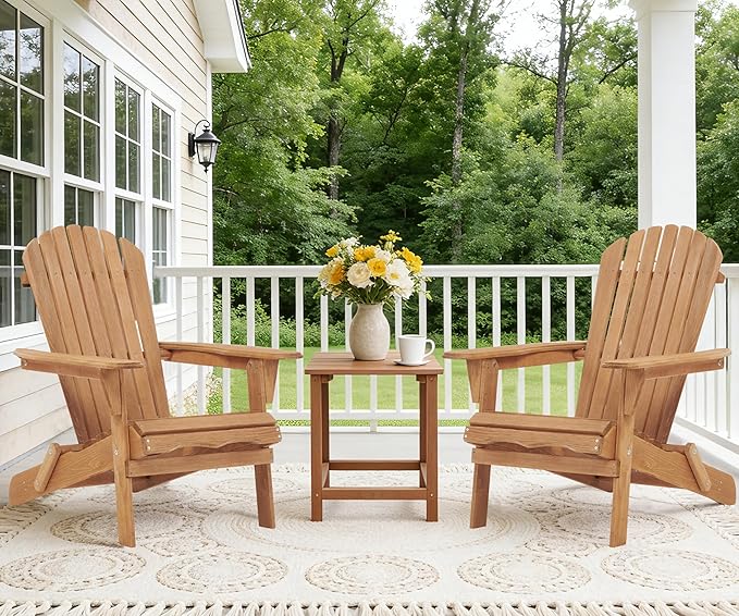 Outdoor Wooden Folding Adirondack Chair Set of 2 with Pre-Assembled BackRest, Wood Patio Chair for Garden Backyard Porch Pool Deck Firepit