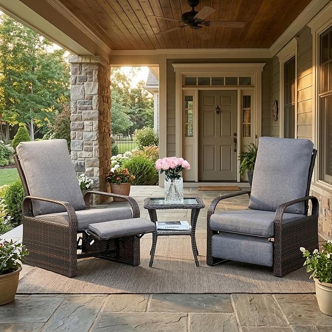 ATR ART TO REAL Outdoor Recliner, Set of 2 Wicker Reclining Chair with Coffee End Side Table, Aluminum Frame Patio Chaise Lounge Chairs with Thicken Cushions (Linen Gray)
