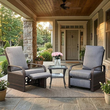 ATR ART TO REAL Outdoor Recliner, Set of 2 Wicker Reclining Chair with Coffee End Side Table, Aluminum Frame Patio Chaise Lounge Chairs with Thicken Cushions (Linen Gray)