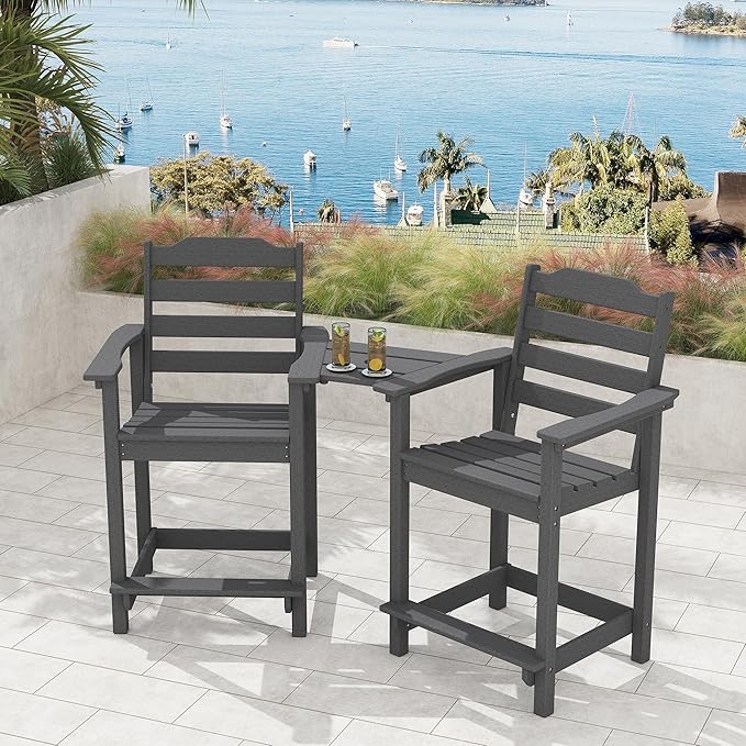 Tall Adirondack Bar Stools Set of 2 with Connecting Tray, Counter Height Patio Chairs, All Weather HDPE Balcony Stools for Outdoor Deck & Garden, Gray