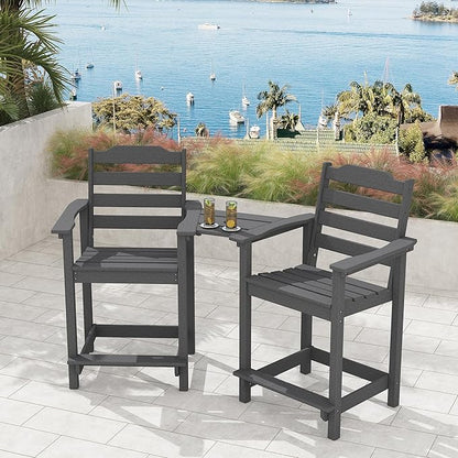 Tall Adirondack Bar Stools Set of 2 with Connecting Tray, Counter Height Patio Chairs, All Weather HDPE Balcony Stools for Outdoor Deck & Garden, Gray