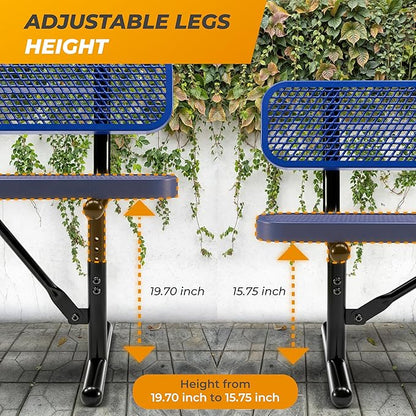Heavy-Duty Outdoor Metal Bench, Thermoplastic-Coated, Portable, Weatherproof, Commercial-Grade for Parks, Gardens, Patios, Stores & More (6 Ft - Portable with Back, Blue)