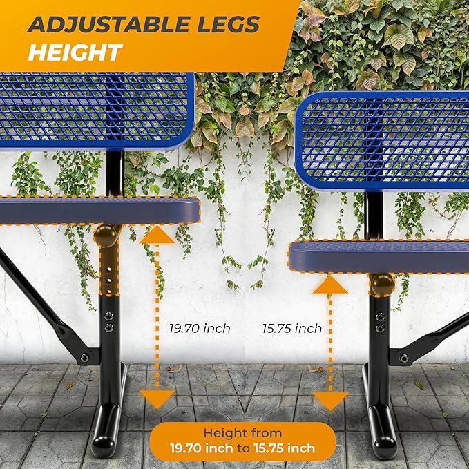Heavy-Duty Outdoor Metal Bench, Thermoplastic-Coated, Portable, Weatherproof, Commercial-Grade for Parks, Gardens, Patios, Stores & More (4 Ft - Portable with Back, Blue)