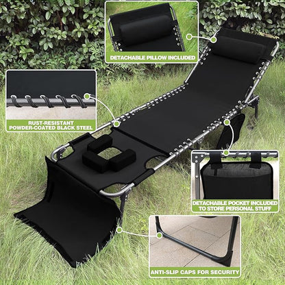 BlueWish Tanning Chair with Face Hole, Layout Chair for Tanning with 5-Position Reclining Backrest, Removable Pillow, 265 lbs Capacity, Tanning Chairs for Patio, Pool, Camping, Lawn, Beach, Black