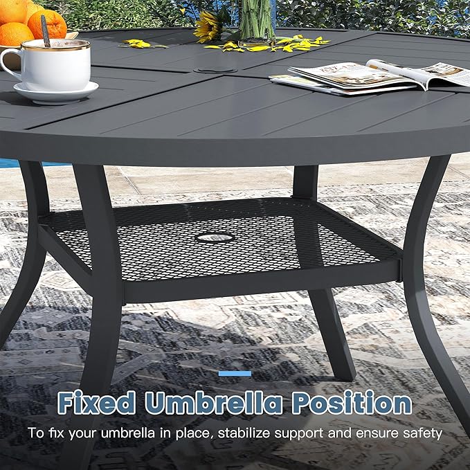 DIFY 40.6" Round Outdoor Patio Dining Table for 4, All-Weather Metal Steel Slatted Patio Table with 1.57" Adjustable Umbrella Hole, for Lawn Garden Porch Backyard, Grey