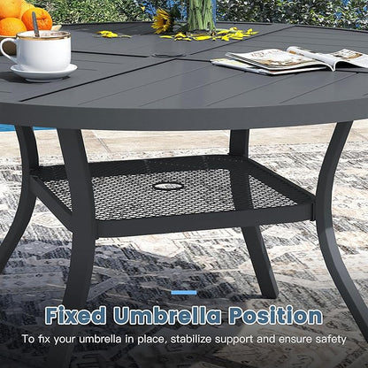 DIFY 40.6" Round Outdoor Patio Dining Table for 4, All-Weather Metal Steel Slatted Patio Table with 1.57" Adjustable Umbrella Hole, for Lawn Garden Porch Backyard, Grey