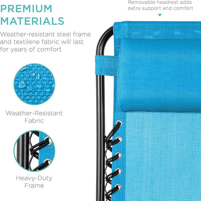 Best Choice Products Set of 2 Adjustable Steel Mesh Zero Gravity Lounge Chair Recliners w/Pillows and Cup Holder Trays - Light Blue