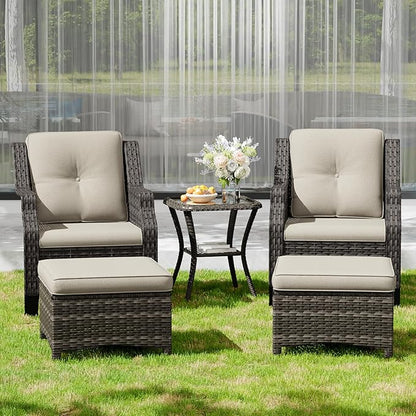 Wicker Patio Furniture Set - 5 Piece Rattan Outdoor Conversation Sets with 2 Wicker Patio Chairs,2 Ottomans, 1 Side Table for Garden, Backyard, Balcony and Deck