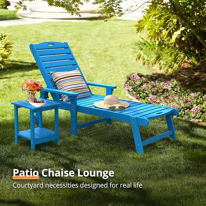 LUE BONA Outdoor Chaise Lounge, HDPS Chaise Lounger, 5 Positions Adjustable Lounge Chairs, Pool Lounge Chair with Wheels for Poolside, Backyard, Blue
