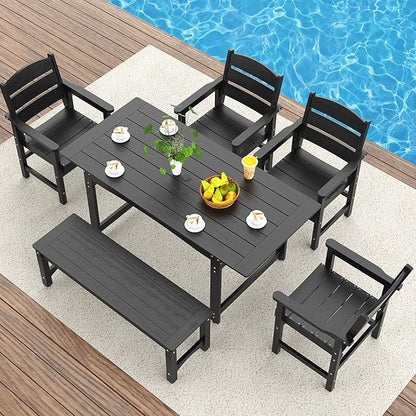 6-Piece HIPS Patio Dining Set, Outdoor Dining Table and Chairs Set with Umbrella Hole, Weatherproof Dining Table Set for 6 Person, Patio Furniture Set for Outside Deck, Black