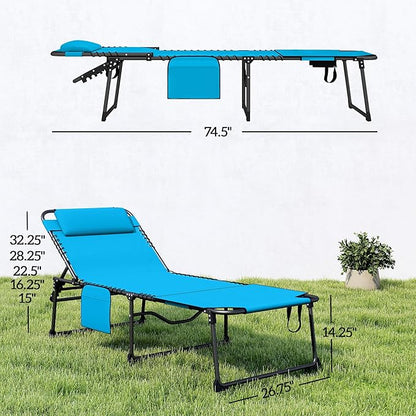 Outsunny 2 Piece Folding Chaise Lounge with 5-Level Reclining Back, Tanning Chair with Face Hole, Outdoor Lounge Chair with Side Pocket & Headrest for Beach, Yard, Patio, Blue