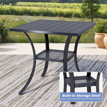 27.6" Square Outdoor Patio Table, All-Weather Metal Patio Table with Storage Shelf,Outdoor Dining Table for Lawn Garden Porch, Black