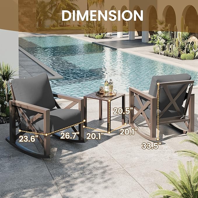 UDPATIO Outdoor Rocking Chair Set of 2 with Coffee Table, 3 Piece Metal Patio Furniture Set with 6.5" Water-Resistant Cushions, Oversized, 350lbs Heavy-Duty, for Porch, Patio, Balcony, Dark Grey
