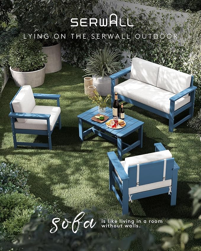 SERWALL HDPE Outdoor Loveseat with Cushions, All Weather Use Outdoor Loveseat Sofa, Blue Frame with Khaki Cushions - Photo 6