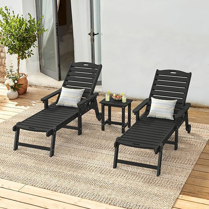 LUE BONA Outdoor Lounge Chair Set with Table, 3-Piece, HDPS Chaise Lounge Outdoor with Wheels, 5 Positions Adjustable Pool Lounger Chairs for Outside, Patio, Deck, Black