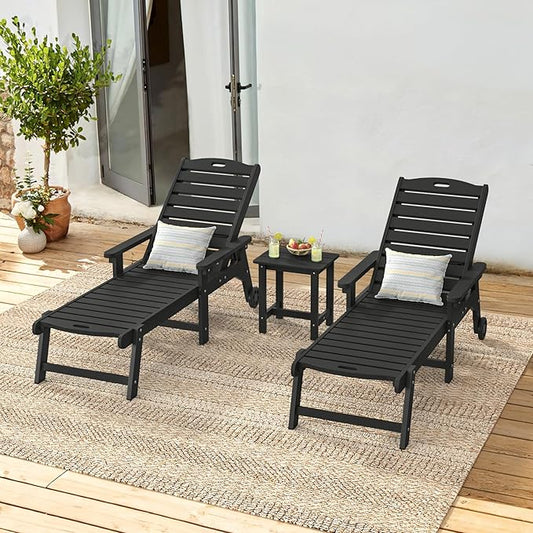 LUE BONA Outdoor Lounge Chair Set with Table, 3-Piece, HDPS Chaise Lounge Outdoor with Wheels, 5 Positions Adjustable Pool Lounger Chairs for Outside, Patio, Deck, Black