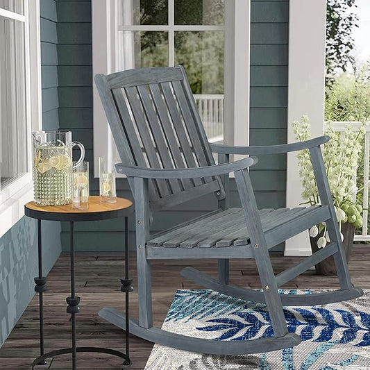 Eyely KCR102B Winnie Classic Slat-Back 300-Lbs Support Acacia Wood Patio Outdoor Rocking Chair for Garden, Lawn, Backyard, Pool, Deck, Beach, Firepit, Gray