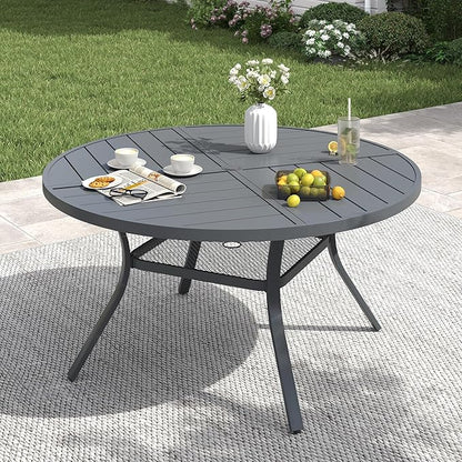 VICLLAX 47.2" Round Patio Table with Umbrella Hole, All Weather Metal Outdoor Dining Table for 6, Outside Table with Storage Shelf for Lawn Garden, Grey