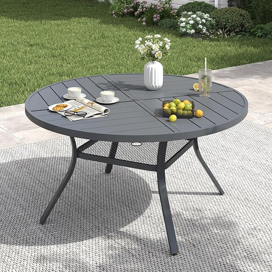 VICLLAX 47.2" Round Patio Table with Umbrella Hole, All Weather Metal Outdoor Dining Table for 6, Outside Table with Storage Shelf for Lawn Garden, Grey