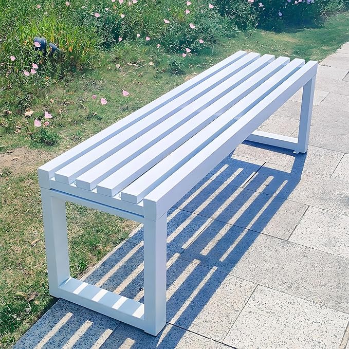 Weatherproof 59in Backless Metal Garden Bench, Durable Cast Iron Patio Seating for Outdoor Spaces, Stylish White Design for Park, Lawn & Front Porch