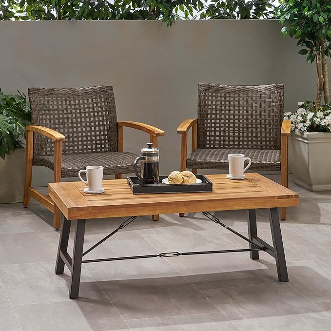 Outdoor Coffee Tables for Patio, Wood Patio Coffee Table Rectangle with Metal Frame, Industrial Patio Center Table for Garden Deck Balcony, Teak Finish Rustic Brown & Black