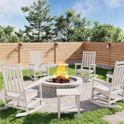 GarveeLife Poly Lumber Rocking Chair Outdoor Set of 4 with 2 Side Table - HDPE High Back Porch Rocker Chairs for Adults - All Weather Resistant Furniture for Patio - White
