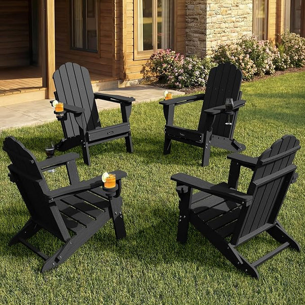 Adirondack Chairs Set of 4, Foldable Adirondack Chairs with 2 Cup Holder, Wood Texture HDPE Fire Pit Chairs - Photo 1