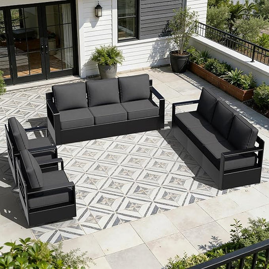 Outdoor Aluminum Furniture Set, 4-Piece Patio Conversation Set, 2 Swivel Chairs and 2 Sofa, All-Weather Metal Frame, 6" Thick Removable Cushions, Deep Setting for Garden, Poolside and Porch