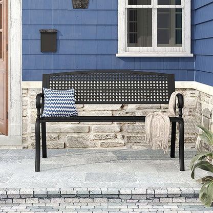 DIFY Outdoor Metal Bench with Back, Garden Bench Front Porch Bench with Curved Armrests for Park, Lawn, Yard, Black