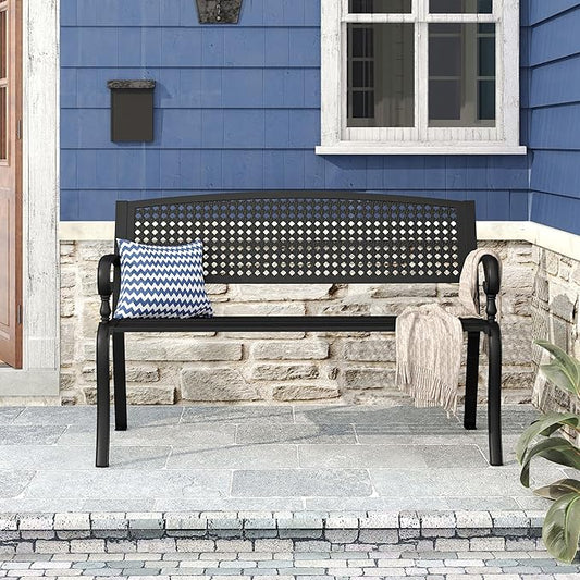 DIFY Outdoor Metal Bench with Back, Garden Bench Front Porch Bench with Curved Armrests for Park, Lawn, Yard, Black