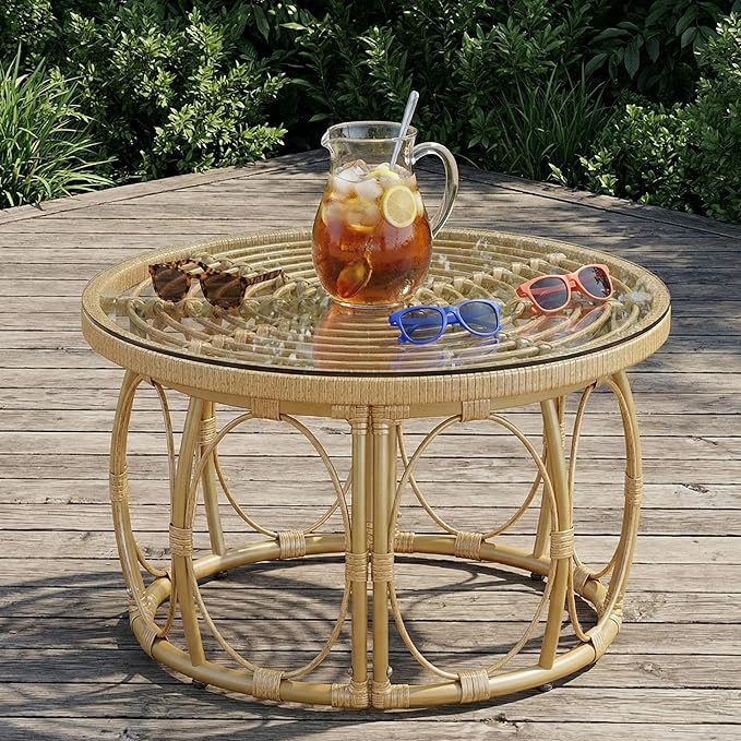 Rattan Glass Coffee Table 27" Round Patio Side Table, 16" Height Wicker Outdoor Coffee Table with Tempered Glass Top - Photo 6