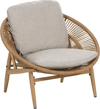 Merax Outdoor Wicker Papasan Chair, Rattan Patio Papasan Egg Lounge Chair with Cozy Cushion, Low Seat Round Chair for Backyard Balcony Garden Poolside, Sunroom Furniture, Easy Assembly, Beige