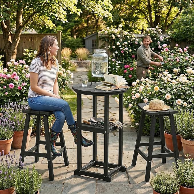 Ciokea 3 Pcs Space-Saving Round Bistro Set, High-Top Outdoor Bar Set with Storage Shelf & 2 Saddle Stools - Photo 7