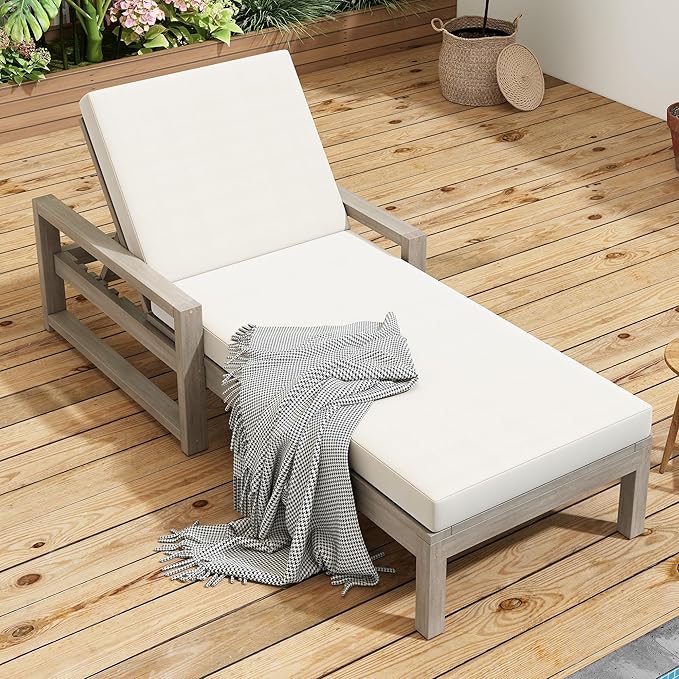 Merax 73x30in Acacia Wood Chaise Lounge Chair Recliner, Adjustable 5 Position Chaise Lounge Sunbathing Outdoor Furniture for Patio, Poolside, Backyard w/Foam-Padded Cushion, Adjustable Backrest, Grey