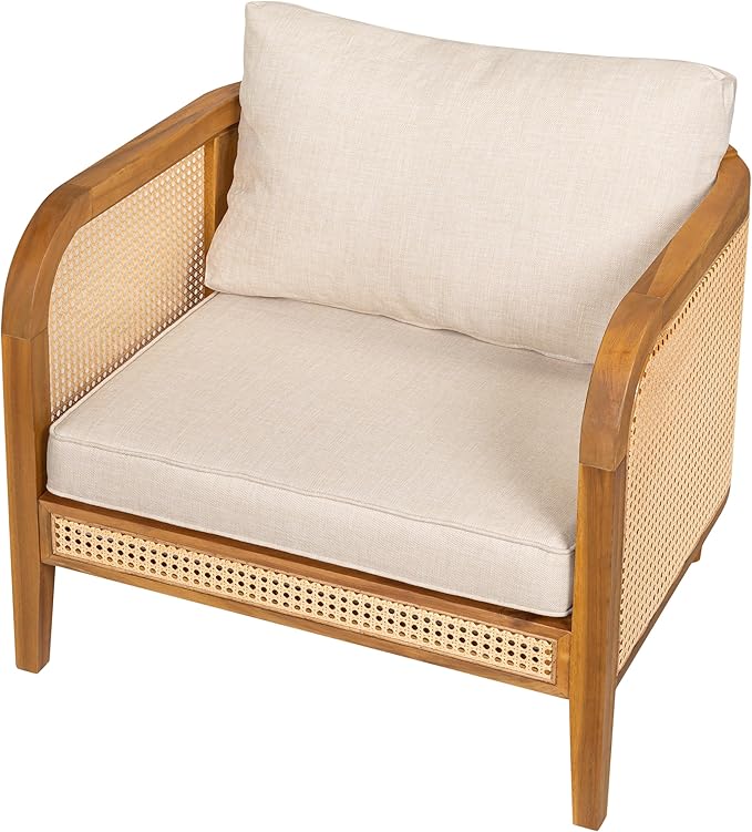 Christopher Knight Home Tilden Bohemian Acacia Wood Lounge Chair Outdoor Set of 4, Wicker Patio Accent Chair with Wooden Frame, Patio Furniture Set with Removable Cushion, Teak+Beige