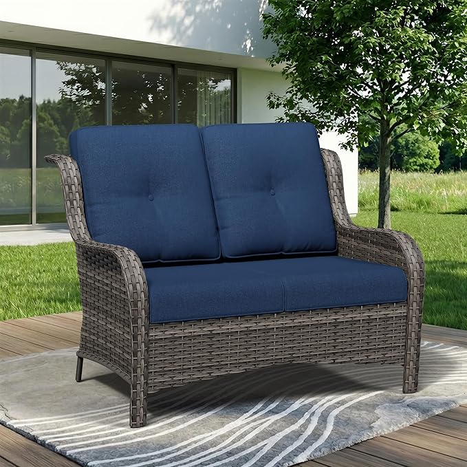 Wicker Patio Loveseat, 2 Seat Outdoor Couch with Thickened Olefin Cushions, High Back and Deep Seating - Photo 9