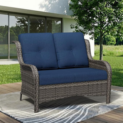 Wicker Patio Loveseat, 2 Seat Outdoor Couch with Thickened Olefin Cushions, High Back and Deep Seating, Hand-Woven PE Rattan for Porch, Deck, Balcony