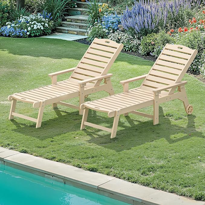 LUE BONA Lounge Chair Outdoor Set of 2, HDPS Chaise Lounge Outdoor with Wheel, 5 Positions Adjustable Pool Lounger Chairs for Outside, Patio, Sand
