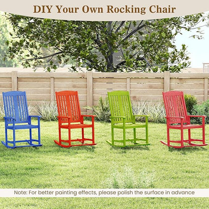 Giantex Outdoor Rocking Chair, Solid Wood High Back Rocker with Slatted Seat, Wide Armrests, Oversized Porch Rocker for Patio, Backyard, Garden and Lawn, 400 LBS Weight Capacity