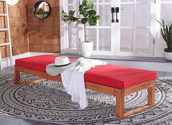 SAFAVIEH Outdoor Collection Solano Natural Brown Solid Wood/Red Cushion Patio Adjustable Chaise Lounge Chair (PAT7024R) - Photo 10