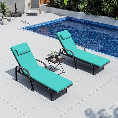 Patio Chaise Lounge Set 3 Pieces Outdoor Lounge Chair with Rattan Adjustable Backrest Armrest and Folding Table for Beach Patio,Sand, for Poolside Backyard Porch