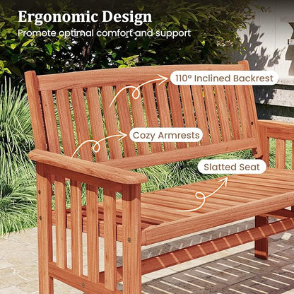 Tangkula Outdoor Wood Garden Bench, 2-Person Patio Park Bench with Backrest, Armrests and Slatted Seat, Outside Loveseat Furniture for Front Porch, Balcony, Deck and Yard