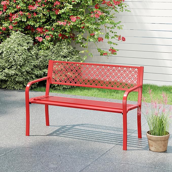 Tangkula 50 Inches Outdoor Garden Bench, Metal Patio Park Bench with Geometric Lattice Backrest, Armrests and Slatted Seat, Outdoor Loveseat Chair for Porch, Lawn and Yard (Red)