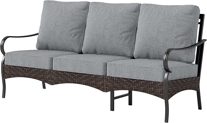 PHI VILLA Wicker & Metal Outdoor Patio Couch, 3-Seat Patio Sofa with Deep Seating for Front Porch, Deck, Balcony - Photo 8